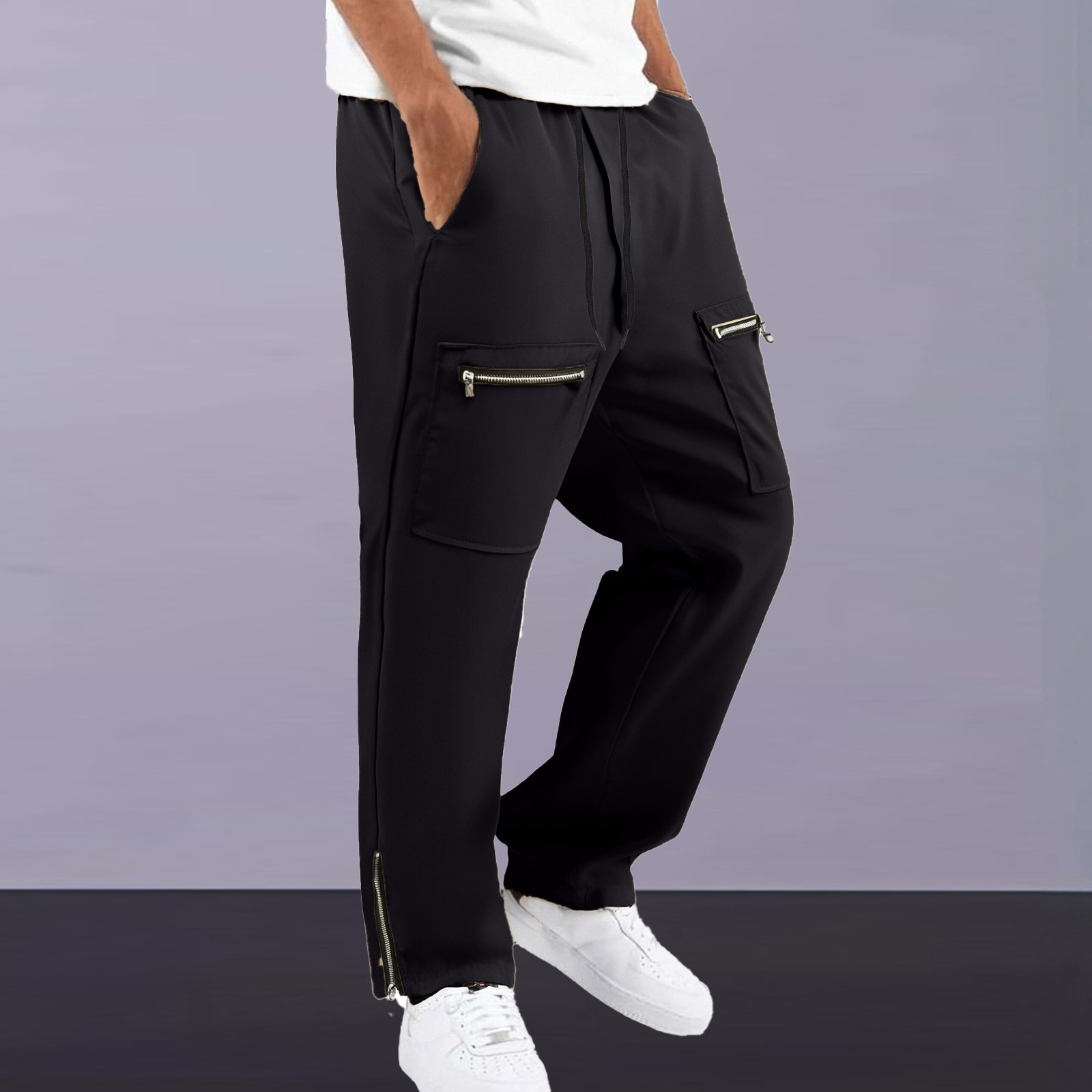 thumbnail image 2 of Pantalones de trabajo con cremallera en los bajos para hombre - Cargo de color liso - Poliéster, bolsillos grandes, tallas S-XXL, 2 of 6